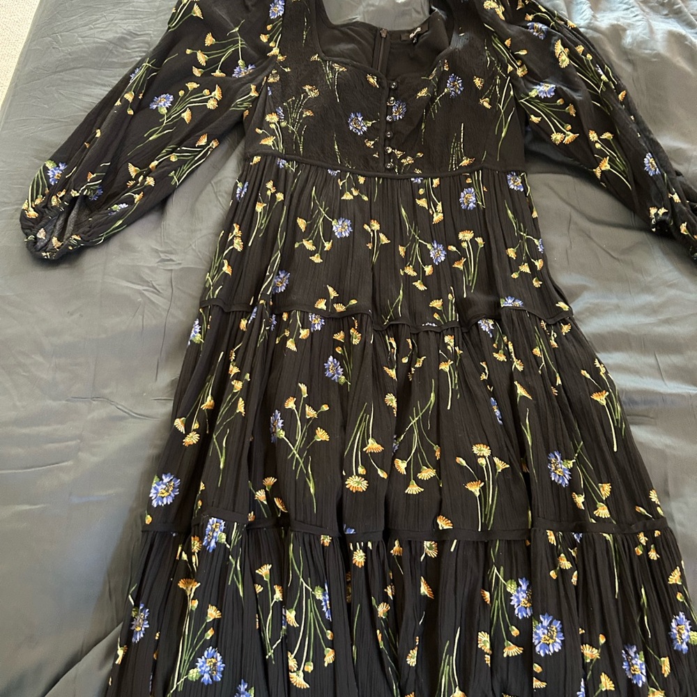Madewell Black Dress with Blue and Yellow Floral Design